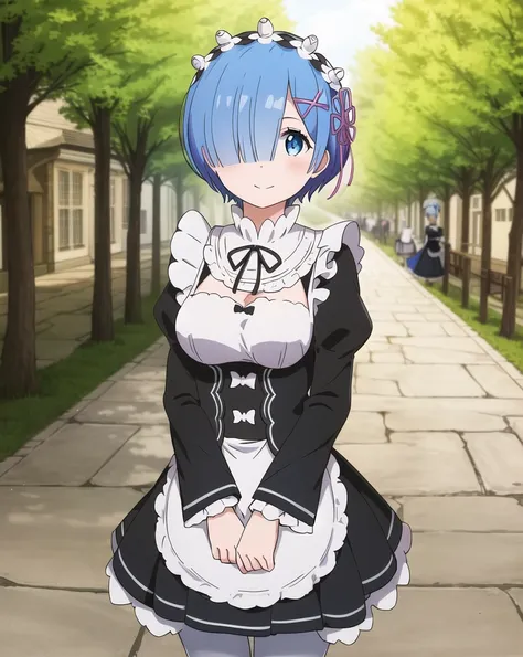 masterpiece, best quality, ultra-detailed, illustration, epic lighting, cinematic composition, colorful, anime, 2d, (finely detailed beautiful eyes: 1.2), 1girl, rem_\(re:zero\), cute, medium breasts, blue hair, short hair, (hair over one eye:1.3), blue eyes, roswaal_mansion_maid_uniform, apron, white pantyhose, standing, smile, closed mouth, cowboy shot, fantasy, medieval, city, street, cobblestone, trees, crowd, (8k:1.1)  <lora:ReZeroRem_v10:0.3>