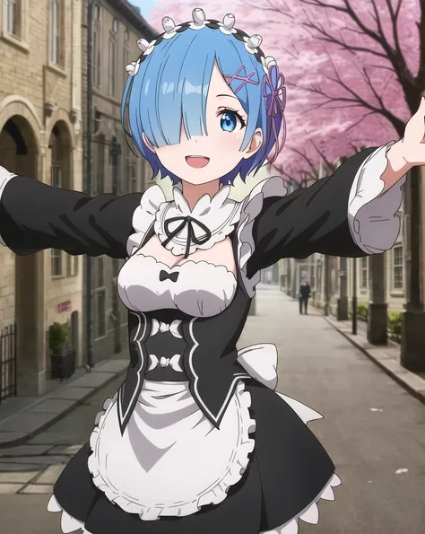 masterpiece, best quality, ultra-detailed, illustration, epic lighting, cinematic composition, colorful, anime, 2d, (finely detailed beautiful eyes: 1.2), 1girl, rem_\(re:zero\), pale skin, cute, medium breasts, blue hair, short hair, (hair over one eye:1.3), blue eyes, roswaal_mansion_maid_uniform, apron, white pantyhose, standing, happy, :d, open mouth, upper teeth only, outstretched arms, cowboy shot, looking at viewer, fantasy, medieval, city, street, cobblestone, trees, crowd, (8k:1.1)  <lora:ReZeroRem_v10:0.3>