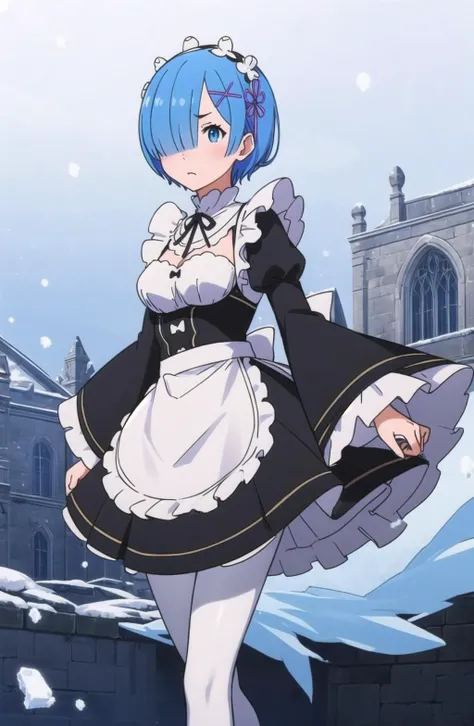 masterpiece, best quality, ultra-detailed, sharp, epic lighting, cinematic composition, 1girl, solo, <lora:ReZeroRem_v10:0.6> nayutaren, cute, light blue hair, short hair, medium breasts, (hair over one eye:1.3), blue eyes, roswaal mansion maid uniform, wide sleeves, apron, (white pantyhose:1.3), close-up, walking, angry, battle, intense, movement, magic, spell, ice crystals, floating ice, snowing, particle effects, blue theme, abstract background, (8k:1.1)