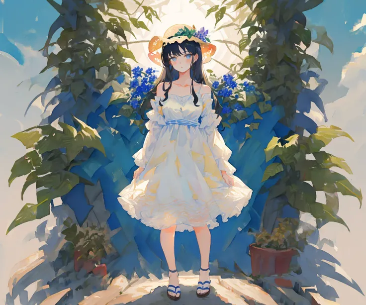 cohesive background, 1girl, dress, hat, solo, flower, outdoors, standing, sandals, bangs, plant, shop, (dappled sunlight:1.5), storefront, bow, breasts, collarbone, long hair, straw hat, looking at viewer, summer white dress, bare shoulders, sun hat, full body, white jacket, off shoulder, blue flower, frilled dress, sleeveless dress, open clothes, nature, (forest:1.3)