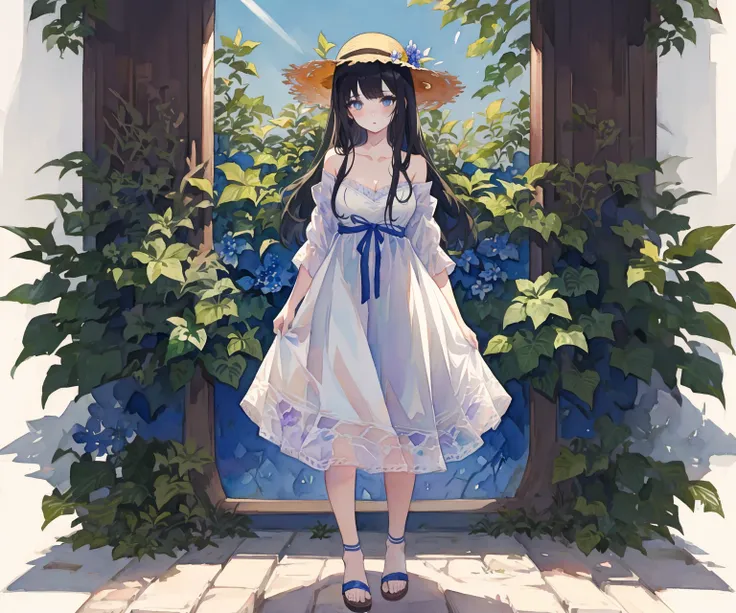 cohesive background, 1girl, dress, hat, solo, flower, outdoors, standing, sandals, bangs, plant, shop, (dappled sunlight:1.5), storefront, bow, breasts, collarbone, long hair, straw hat, looking at viewer, summer white dress, bare shoulders, sun hat, full body, white jacket, off shoulder, blue flower, frilled dress, sleeveless dress, open clothes, nature, (forest:1.3)

<lora:txmfkr:1>
<lora:LoconLoraOffsetNoise_locon0501:0.5>, masterpiece, best quality,