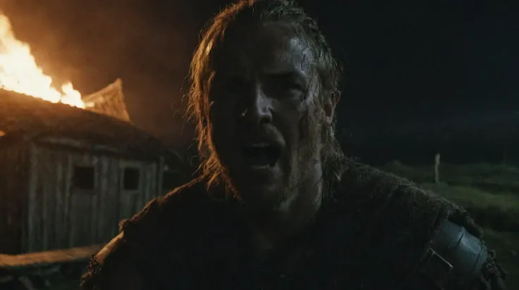 Film Grain, FilmGrainAF, scene from vikings, outdoors, close-up, yelling, night, burned huts, eerier, dramatic lighting, dark atmosphere <lora:add-detail-xl:2.0> <lora:FilmGrainRedmond-FilmGrain-FilmGrainAF:1>