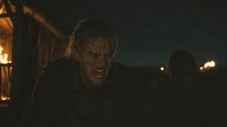 Film Grain, FilmGrainAF, scene from vikings, outdoors, close-up, yelling, night, burned huts, eerier, dramatic lighting, dark atmosphere <lora:add-detail-xl:2.0> <lora:FilmGrainRedmond-FilmGrain-FilmGrainAF:1>