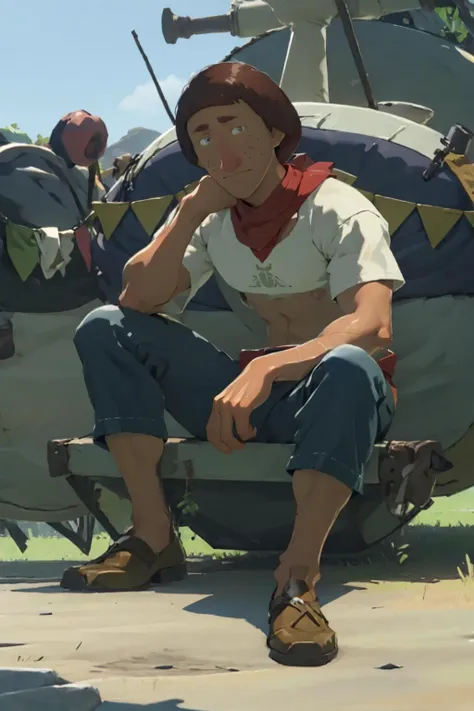 best quality, Mature male, Sitting down with legs crossed, <lora:Beedle_Zelda:.8> Beedle_Zelda, white shirt