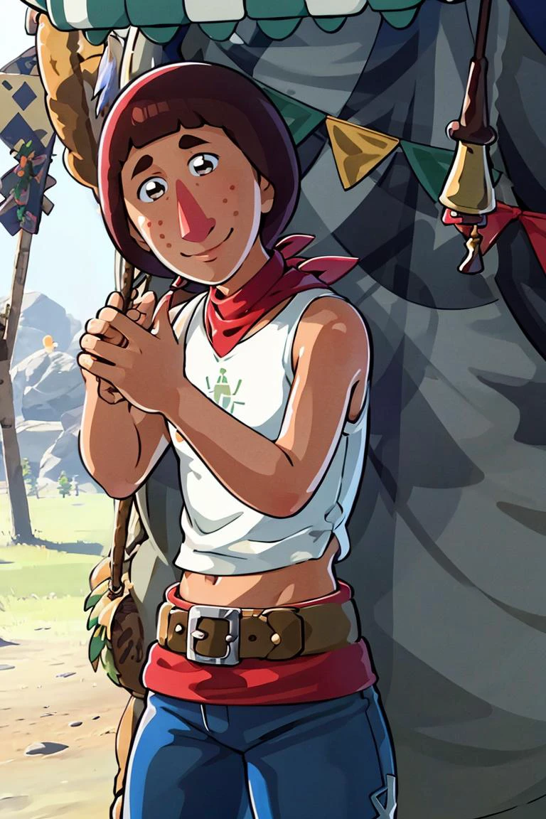 <lora:hoshino_fuuta_style:0.8>,((masterpiece,best quality)), <lora:Beedle_Zelda:0.8>, Beedle_Zelda, white shirt, solo, smiling, looking at viewer, cowboy shot,