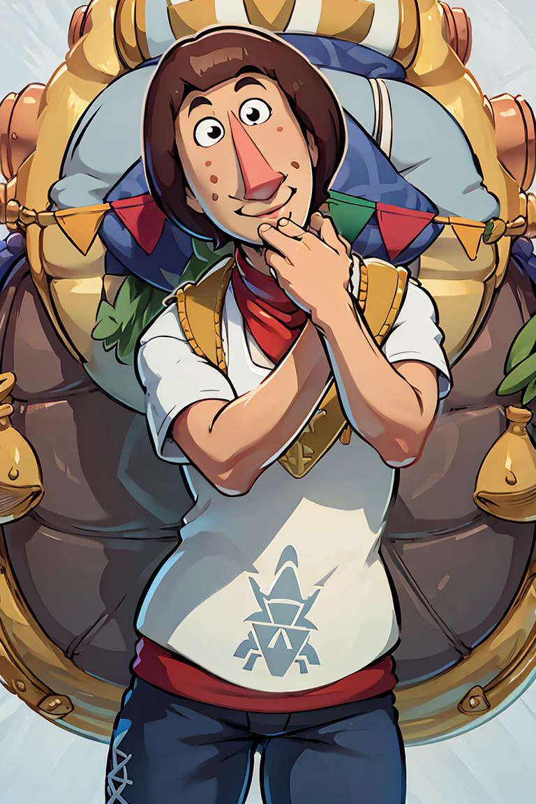 <lora:the_other_half_style:0.8>,((masterpiece,best quality)), <lora:Beedle_Zelda:0.8>, Beedle_Zelda, white shirt, solo, smiling, looking at viewer, cowboy shot,