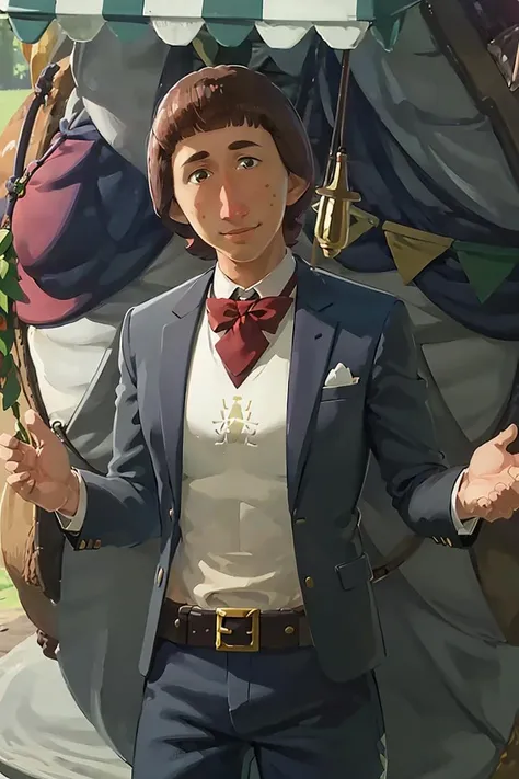 ((masterpiece,best quality)), absurdres,
<lora:Beedle_Zelda:0.8>, Beedle_Zelda, white shirt, black suit, tuxedo,
solo, smiling, looking at viewer, cowboy shot,