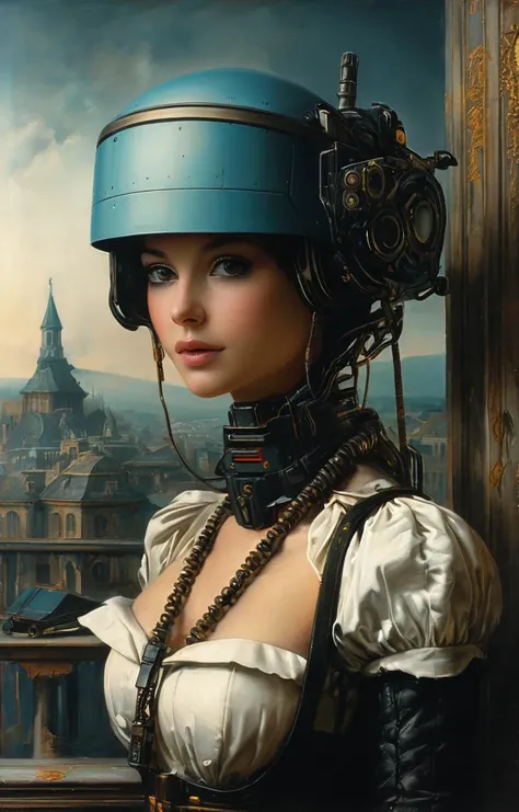 masterpiece,best quality,<lora:tbh152-sdxl:0.8>,illustration,style of Élisabeth Vigée-Lebrun cyberpunk city