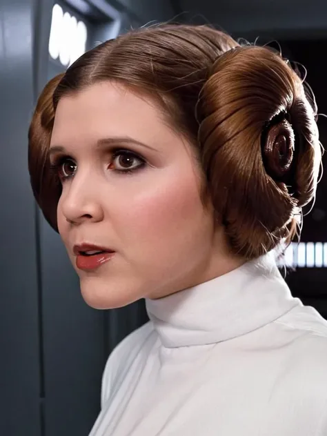 21 yo Princess Leia <lora:star_wars_offset:1>, <lora:Princess Leia:0.7>, darkened starship hallway, half body shott, realistic, nose, lips, professional, 4k, highly detailed, (speaking, mouth open:1.4)