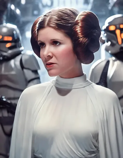 breathtaking nicest (fullbody:1.2) illustration of young Princess Leia skswoman, art by Aleksi Briclot Seveso, 1girl, armored, brown hair, white dress, blurry, lips, depth of field, blurry background (lonely:1.2) lonely frozen planet, portrait, realistic, nose, professional, 4k, highly detailed <lora:Princess Leia:0.8> . award-winning, professional, highly detailed