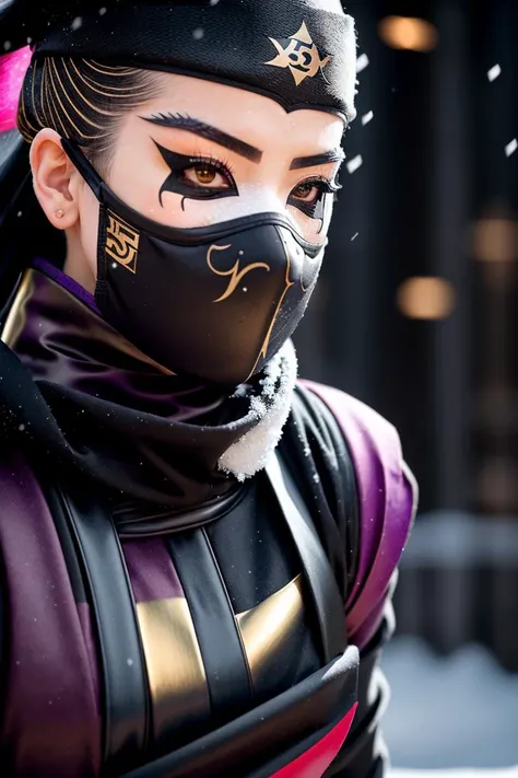 (crouched Masked kunoichi ninja disappearing into shadows:1.3), Snow-covered streets, Elaborate gold accents, Dark eyeliner, (Subtle gestures discernible:1.2), Gentle snowfall, Enigmatic ambiance, nightscape, (Chill in the breeze:1.2), Picture taken with a Phase One XF IQ4 150MP Camera, 80mm f/2.8 lens, Precision focusing, Detailed clarity