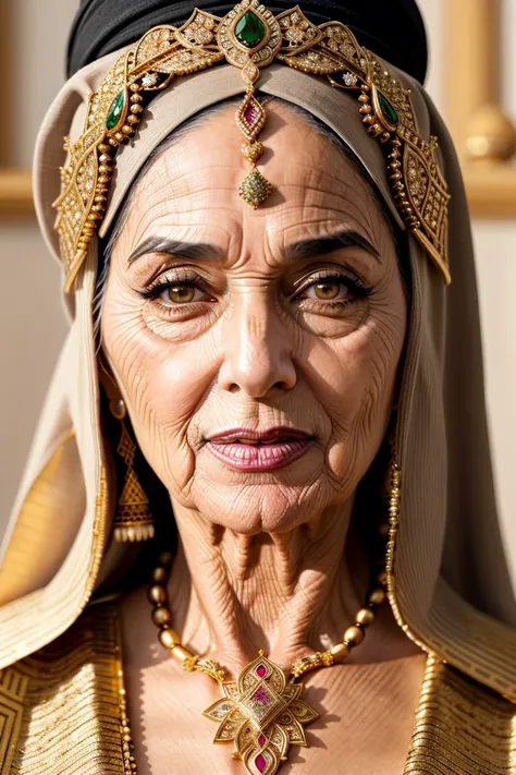 Close-up hyper-realistic portrait painting, (Sophisticated 70-year-old Arabic female with hejab and ornate jewelry:1.3), Harmony in composition, Expressive warmth, Elegance personified, (Detailed skin and eyes:1.2), Complementary background, Embellished dress, Intricate jewelry, Graceful aura, High-resolution precision <lora:balanced lighting image enhancer v1.05:1>