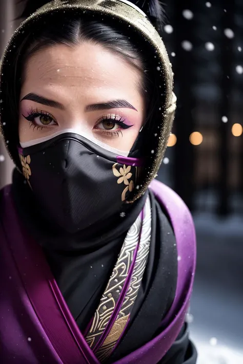 (crouched Masked kunoichi ninja disappearing into shadows:1.3), Snow-covered streets, Elaborate gold accents, Dark eyeliner, (Subtle gestures discernible:1.2), Gentle snowfall, Enigmatic ambiance, nightscape, (Chill in the breeze:1.2), Picture taken with a Phase One XF IQ4 150MP Camera, 80mm f/2.8 lens, Precision focusing, Detailed clarity <lora:balanced lighting image enhancer v1.05:-0.3>