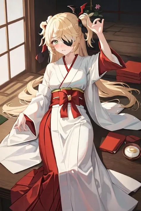 best quality, masterpiece, highres, solo, {white kimono:1.35}, {red hakama:1.35}, {wide sleeves:1.20}, {fischl_genshin:1.15}, blonde_hair, long_hair, bangs, eyepatch, green_eyes, two_side_up, ribbon, hair_over_one_eye, hair_ribbon, breasts, blush, bow, medium_breasts
