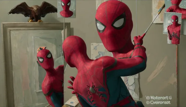 MCU_SPIDEY a man in a spider - man costume with his back to camera, looking at a mirror with a golden american eagle ornament holding a paintbrush, painting a self portrait on a canvas on an easel <lora:MCU_SPIDEY:.9>