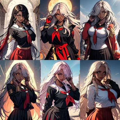 (otherworldly, otherworldly atmosphere, otherworldly appearance), highly insanely detailed, masterpiece, top quality, best quality, highres, 4k, 8k, RAW photo, collar, earrings, jewelry, necklace, armlet,
(long_hair, long hair, random colors cloth, random colors hair, random long hair, dynamic hair, glowing hair, hair over one eye),
(eyelashes, eyeliner, eyeshadow, eyelashes),
makeup,
(dynamic pose), (dynamic weather), (dynamic background), nsfw,
((see-through ancient egyptian theme)), golden ornaments,
1girl, (portrait),
long_hair, plump, cleavage, messy_hair, freckles, small_breasts, cowboy_shot, open_mouth, hair_over_one_eye, (dark_skin:1.2), <lora:BlackSerafuku:0.99>, black_serafuku, red neckerchief, pleated skirt, long sleeves, school uniform, sailor collar, red skirt,
BREAK, (fantasy world)