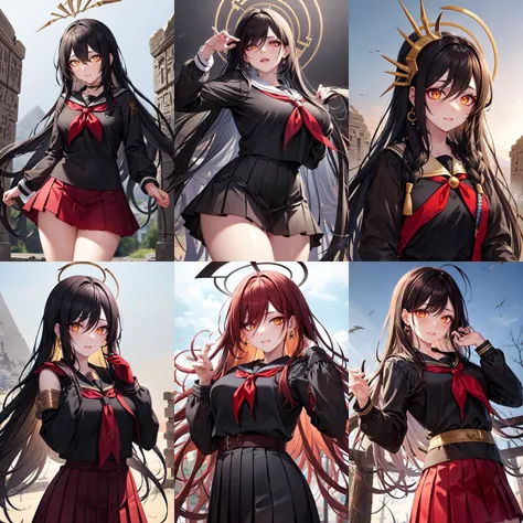 (otherworldly, otherworldly atmosphere, otherworldly appearance), highly insanely detailed, masterpiece, top quality, best quality, highres, 4k, 8k, RAW photo, collar, earrings, jewelry, necklace, armlet,
(long_hair, long hair, random colors cloth, random colors hair, random long hair, dynamic hair, glowing hair, hair over one eye),
(eyelashes, eyeliner, eyeshadow, eyelashes),
makeup,
(dynamic pose), (dynamic weather), (dynamic background), nsfw,
((see-through ancient egyptian theme)), golden ornaments,
1girl, (portrait),
long_hair, plump, cleavage, messy_hair, freckles, small_breasts, cowboy_shot, open_mouth, hair_over_one_eye, (dark_skin:1.2), <lora:BlackSerafuku:0.99>, black_serafuku, red neckerchief, pleated skirt, long sleeves, school uniform, sailor collar, red skirt,
BREAK, (fantasy world)