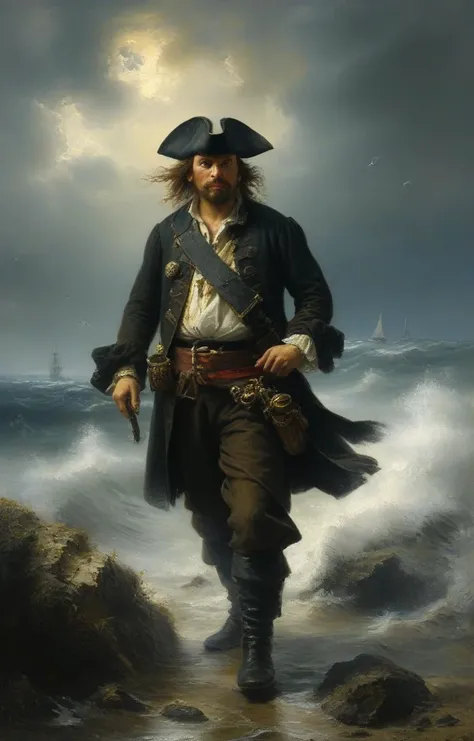 masterpiece,best quality,<lora:tbh102-sdxl:0.6>,oil painting,illustration,portrait of pirate,style of Andreas Achenbach,