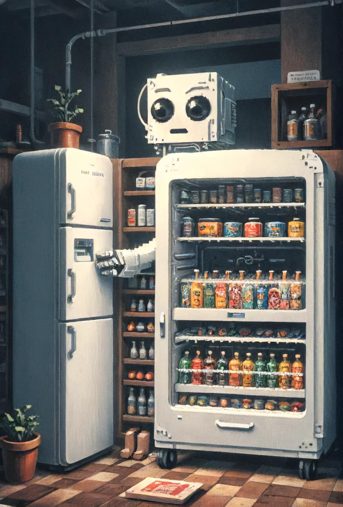 book cover title "your fridge is running", machinalia, detailed, 8k, <lora:cinexart:0.5>, <lora:wizards_vintage_romance:0.6>, <lora:Harrlogos_v1.1:0.8>, <lora:tbh102-sdxl:0.4> <lora:sdxl:0.8> ascii_art <lora:- SDXL - sqrhmmr _Square-Hammer_Style_V1.0:0.3> <lora:Wizards_MACHINALIA__Things_Come_Alive_:0.8> <lora:d\EnvyZoomSliderXL01:-1> <lora:ral-vxl:0.8>