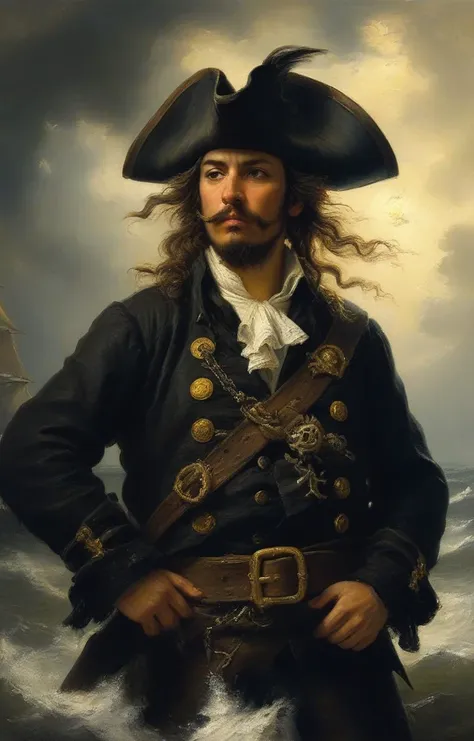 masterpiece,best quality,<lora:tbh102-sdxl:0.6>,oil painting,illustration,portrait of pirate,style of Andreas Achenbach,