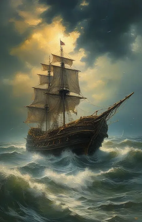 masterpiece,best quality,<lora:tbh102-sdxl:0.6>,Pirate ship in middle of bad weather , detailed oil painting, unreal 5 render, rhads, sargent and leyendecker, savrasov levitan polenov, bruce pennington, studio ghibli, tim hildebrandt, digital art, landscape painting, octane render, beautiful composition, trending on artstation, award winning photograph, masterpiece, seekart style,style of Andreas Achenbach,