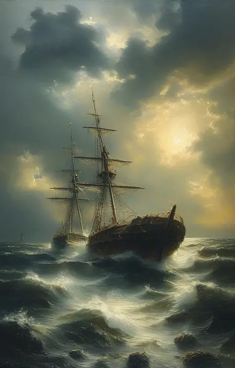 masterpiece,best quality,<lora:tbh102-sdxl:0.8>,oil painting,illustration,ship,ocean,style of Andreas Achenbach,