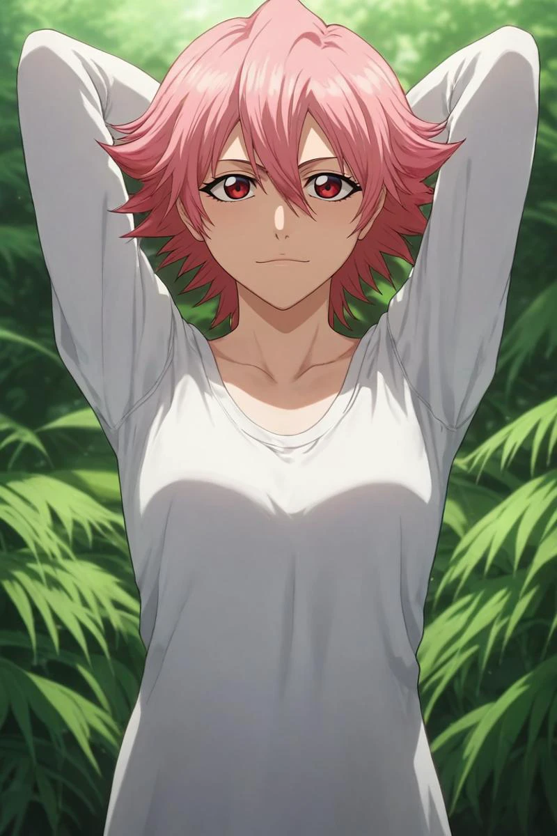 score_9, score_8_up, score_7_up, source_anime, rating_safe, intricate details, semi-realistic, , depth of field, 1girl, red eyes, strawberry blonde hair,, solo, cowboy shot, energy plant, midnight, arms behind head, light smile, <lora:bleach_style_pony:0.92>, bleach_style, <lora:sdxl_lightning_8step_lora:1>