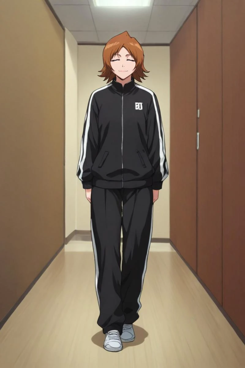 score_9, score_8_up, score_7_up, source_anime, rating_safe, intricate details, , , depth of field, 1girl, grey eyes, medium brown hair, tracksuit,, solo, wide angle, wide shot, full body, corridor, indoors, dark, singing, (closed eyes:1.2), smile, <lora:bleach_style_pony:0.72>, bleach_style, <lora:sdxl_lightning_8step_lora:1>