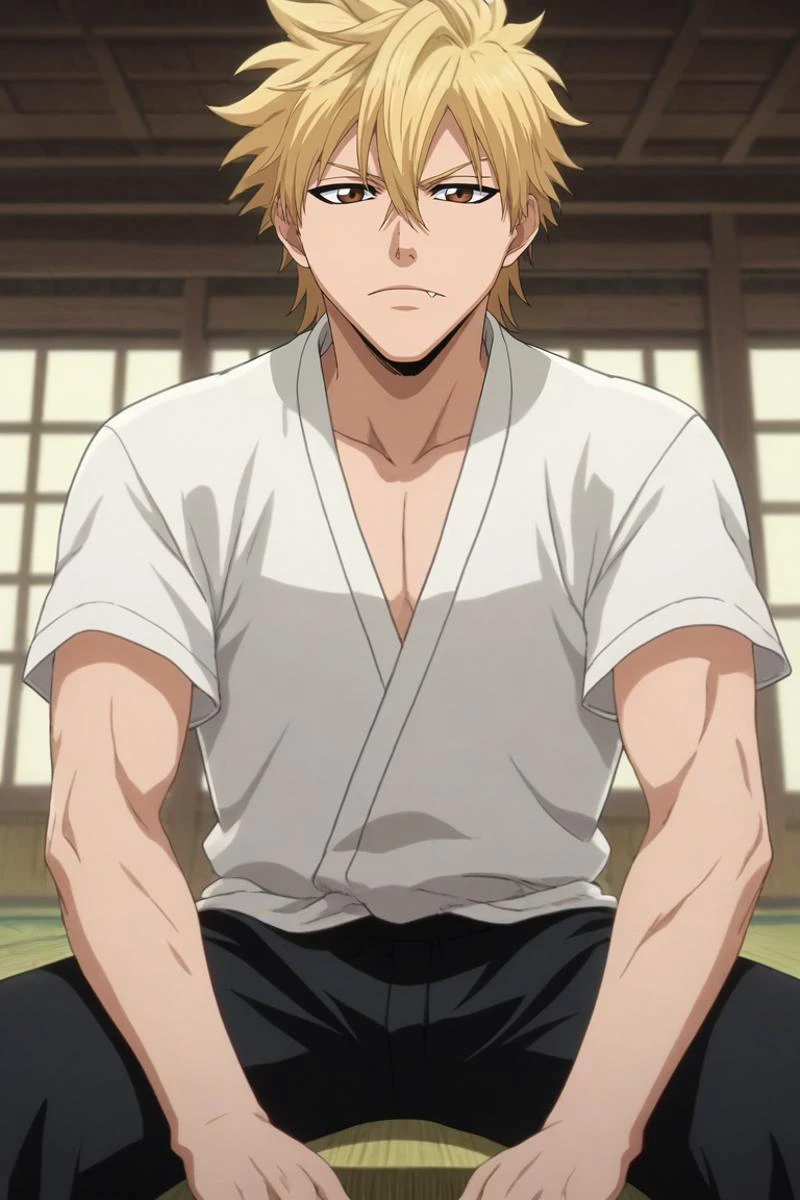 score_9, score_8_up, score_7_up, source_anime, rating_safe, , anime screencap, anime coloring, official style, looking at viewer, depth of field, 1boy, male focus, brown eyes, natural blonde hair,, solo, from below, dojo, midnight, sitting, skin fang, <lora:bleach_style_pony:0.82>, bleach_style, <lora:sdxl_lightning_8step_lora:1>