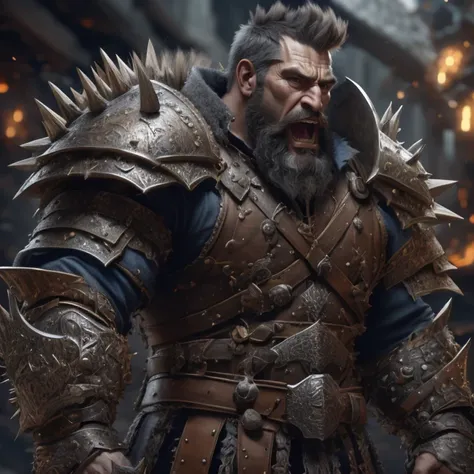 short stout hairy man with a big beard, dynamic action <lora:dwarf:0.8> dwarf, male:1.1, kkw-detailMe-v1.0, <lora:AdvancedEnhancer:0.25> <lora:GoodHands-beta2:0.625> GS-Masculine <lora:Clothing - Spiky Armor_v1.2:0.8> spikyarmor berserker, (profile view, side body view, upper body view:1.3), angry, open mouth, yelling, Garibaldi beard, scale armor, scale armor, Holding a War hammer