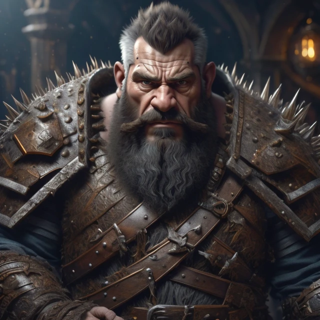 short stout hairy man with a big beard <lora:dwarf:0.8> dwarf, male:1.1, kkw-detailMe-v1.0, <lora:AdvancedEnhancer:0.25> <lora:GoodHands-beta2:0.625> GS-Masculine <lora:Clothing - Spiky Armor_v1.2:0.8> spikyarmor berserker, (upper body view:1.3), determined facial expression, Garibaldi beard