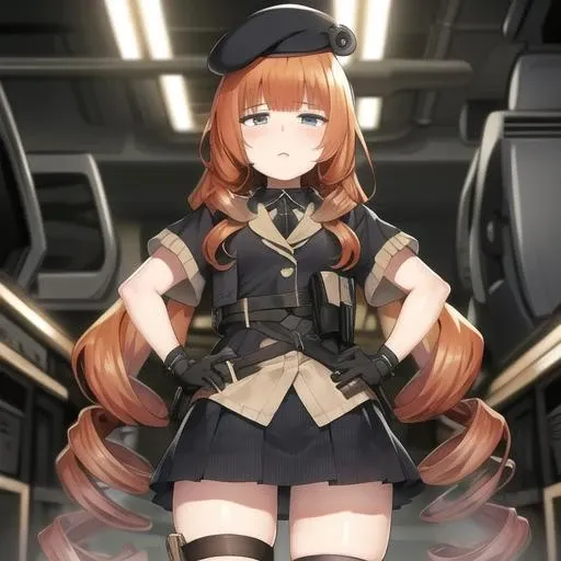(masterpiece, best quality:1.2),illustration,8k,hd,absurdres,1girl,solo,upper body,(portrait:1.2),arx-160 (girls frontline),hat,boots,beret,drill hair,orange hair,hands on hips,pleated skirt,black thighhighs,short sleeves,very long hair,zettai ryouiki,black gloves,thigh strap,black headwear,bangs,miniskirt,ribbon,<lora:Arx-160(gf)>,