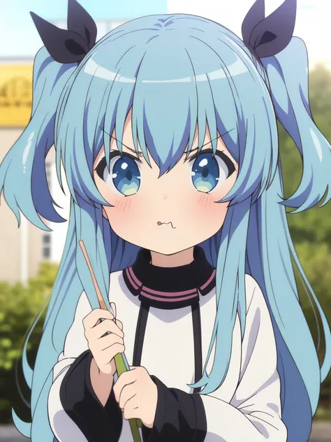 <lora:Noel:0.8>Noel, 1girl, blue eyes, solo, blue hair, white dress, long sleeves, long hair, dress, ribbon, two side up, holding, blurry background, hair ribbon, bangs, blurry, upper body, black ribbon, blush, o3o, v-shaped eyebrows, hair between eyes, pout, outdoors, parody
masterpiece, high quality, very_high_resolution, large_filesize, full color,