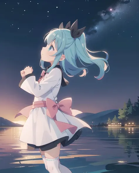 1girl, solo, outdoors,  lake, star \(sky\), night, from side, hands up, 
 <lora:Noel:0.6>, (noel, ribbon, aqua hair), 
dress, white dress, long sleeves, thighhighs, black thighhighs, pink ribbon,