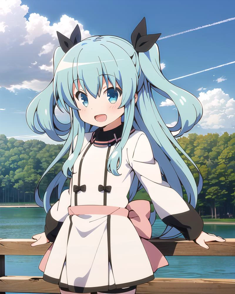 1girl, solo, smile, open mouth, blush, looking at viewer, outdoors, lake,
<lora:Noel:0.6>, (noel, ribbon, bangs, hair between eyes, bow, aqua hair),
dress, white dress, long sleeves, thighhighs, black thighhighs, pink ribbon,
