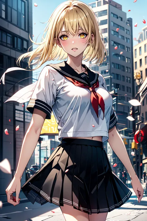 highest quality, anime moe art style,Best Anime 8K Konachan Wallpaper,Pixiv contest winners,perfect anatomy, (Please draw a girl walking sleepily to school.. ),break, 1 girl, (alone,,,15 years old:1.3),high school student, short hair, amount, (hair above one eye:1.4),All limbs, full finger,medium breasts, between legs, small eyes,Precise black eyes, hair clip, sailor suit, skirt,Summer route to school. break,Super detailed,High resolution,super dense skin, professional lighting,8K eye details, (cute illustration:1.2),