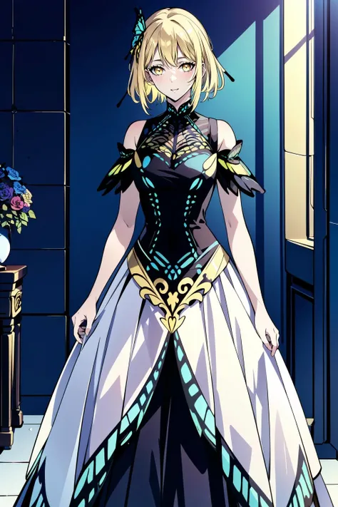 (masterpiece, best quality), intricate details,
1girl, <lora:cha hae-in:0.8> yellow hair, yellow eyes, mascara, bare shoulders,
<lora:butterfly_dress-1.0:0.8> butterfly dress, long dress, happy, flowers,