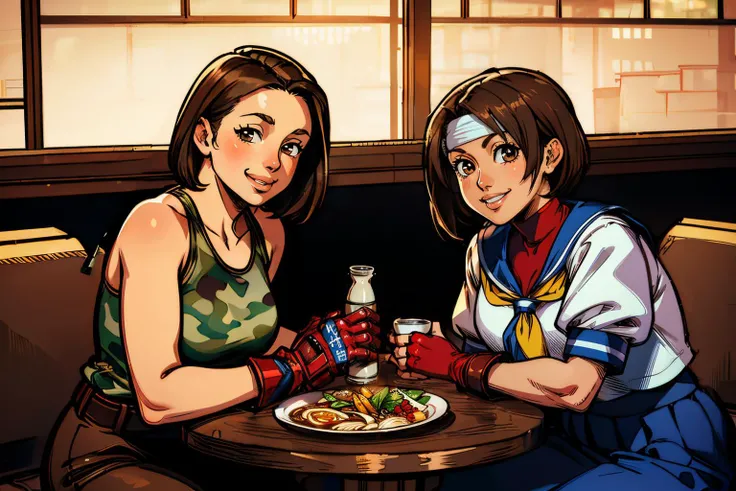 2 women, sitting inside a japanese restaurant, table full of food, ramen, sake bottle, soft lighting,
akira, short brown hair, brown eyes, camo tank top, belt, leather pants, red gloves, looking at viewer, smiling, high quality, masterpiece <lora:akira-11SFV3dv8:.8>