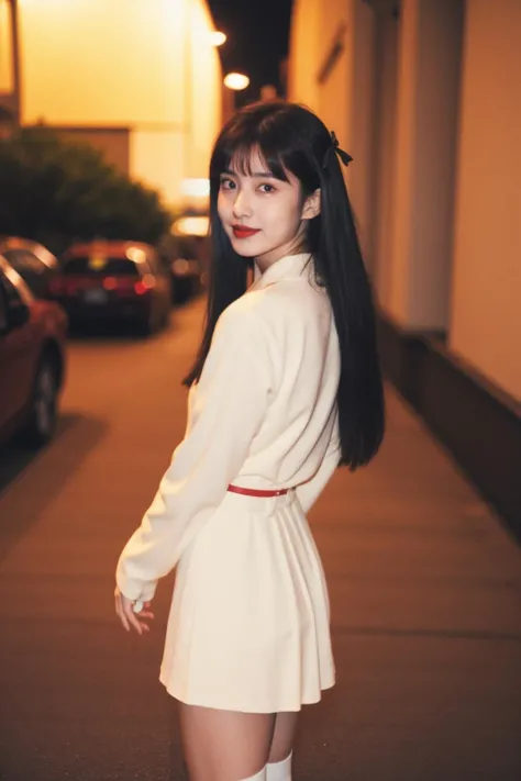 1girl, thighhighs, black hair, looking at viewer, outdoors, blurry background, long hair, blurry, solo, skirt, shirt, white skirt, long sleeves, white thighhighs, white shirt, street, red lips, standing, city, building, realistic, bow, arms at sides, zettai ryouiki, day, road, collared shirt, brown eyes, lips, black eyes, bangs, black bow, car
<lora:æåç¾äºº:0.7>