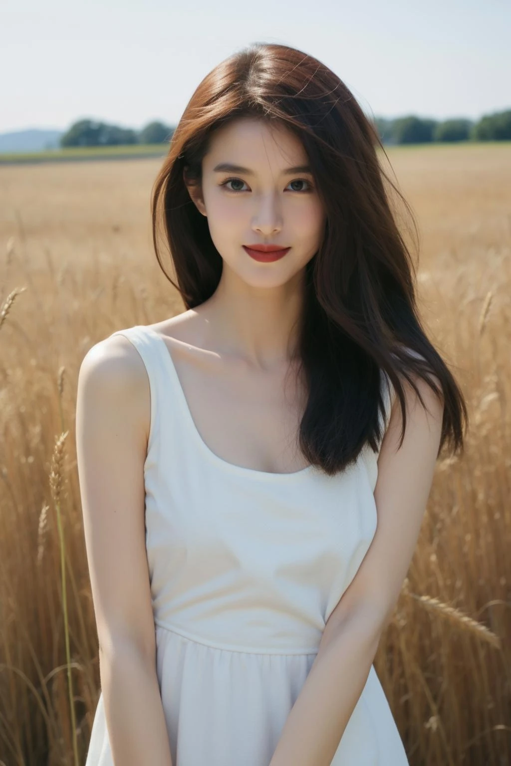 1girl, solo, brown hair, dress, long hair, realistic, white dress, brown eyes, smile, short sleeves, standing, photo background, looking at viewer, bangs, outdoors, field, lips, wheat, head tilt, closed mouth
<lora:æåç¾äºº:0.7>
