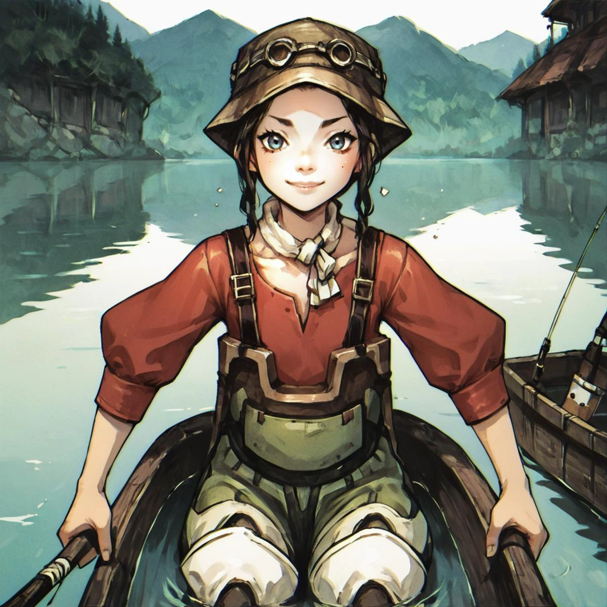 score_9, score_8_up, score_7_up, score_6_up, score_5_up, source anime, fantasy, <lora:tp_hena_tphna_ponyxl_v1:1> , (tphna), 1girl, solo, freckles, cute, full body, smile, red shirt, trembling, realistic background, outdoors, fishing shack, pond, chairs, storefront, fishing hole, hat, summer, heat, canoe, <lora:gl1tchm4ng4XLP:0.7> , gl1tchm4ng4,