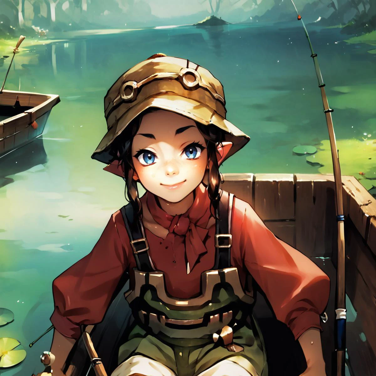 score_9, score_8_up, score_7_up, score_6_up, score_5_up, source anime, fantasy, sex, 1girl, looking at viewer, cute, from side, smile, red shirt, trembling, realistic background, outdoors, fishing shack, pond, chairs, storefront, fishing hole, hat, <lora:Anime Summer Days 2 Style SDXL_LoRA_Pony Diffusion V6 XL:0.8> <lora:tp_hena_tphna_ponyxl_v1:1> , (tphna:1.2), 1girl, solo, freckles,