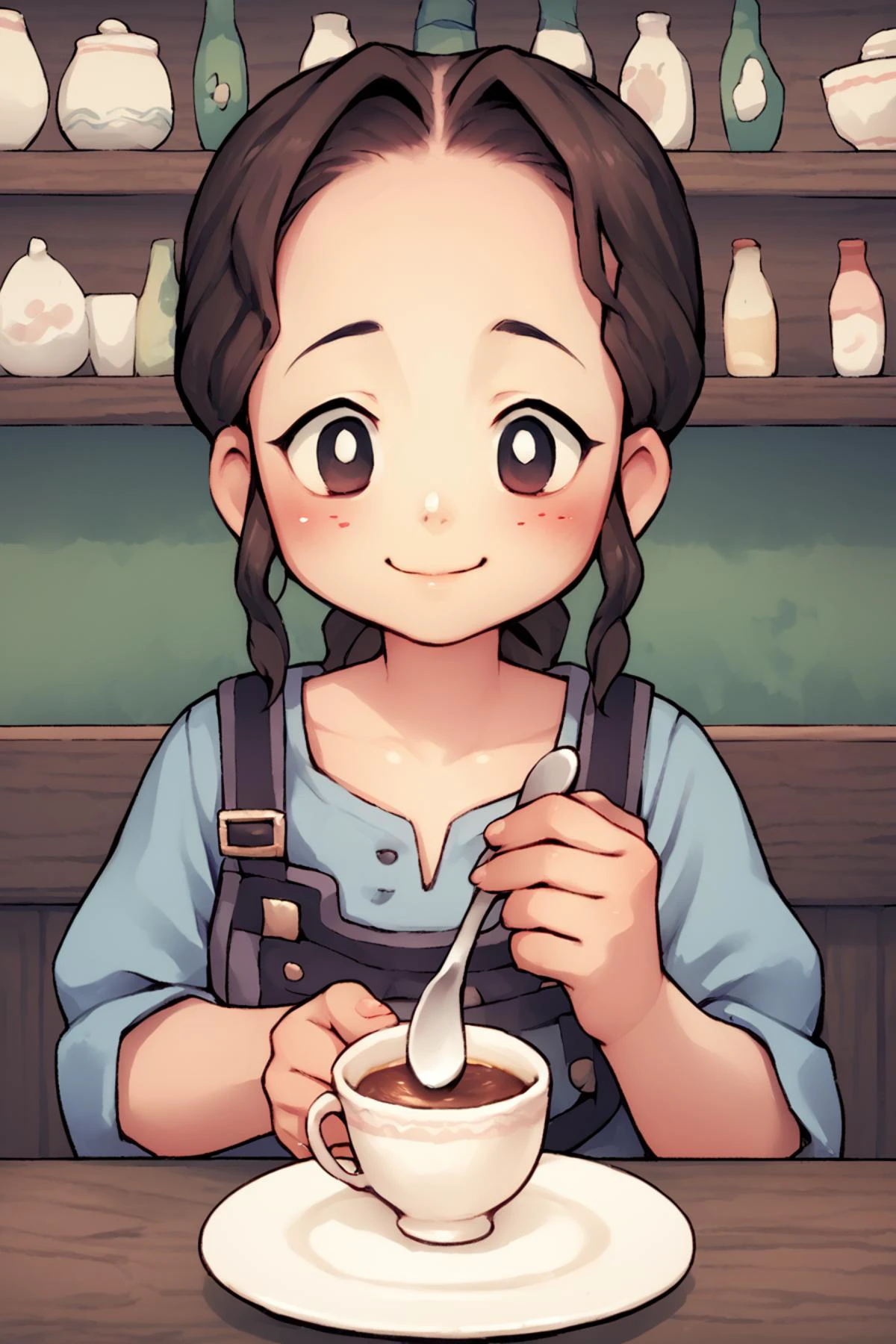 score_9, score_8_up, score_7_up, score_6_up, score_5_up, source anime, BREAK, looking at viewer, realistic background, (cafe), spoon, sitting, teacup, parfait, upper body, saucer, bright eyes, blush, standing, smile, closed mouth, <lora:tp_hena_tphna_ponyxl_v1:0.9> , tphna, 1girl, solo, freckles, <lora:lasto_PDXL:0.8> , lasto,