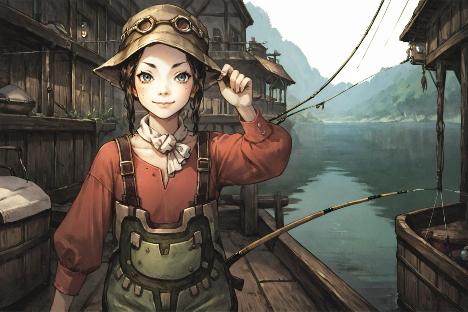 score_9, score_8_up, score_7_up, score_6_up, score_5_up, source anime, fantasy, <lora:tp_hena_tphna_ponyxl_v1:1> , (tphna), 1girl, solo, freckles, cute, full body, smile, red shirt, realistic background, outdoors, fishing shack, storefront, fishing hole, hat, summer, heat, dry canoe, aerial view, <lora:gl1tchm4ng4XLP:0.7> , gl1tchm4ng4,