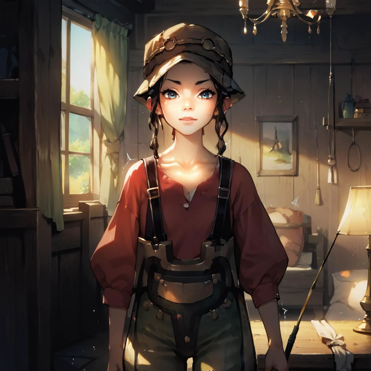 score_9, score_8_up, score_7_up, score_6_up, score_5_up, source anime, fantasy, sex, 1girl, looking at viewer, cowboy shot, bottomless, , red shirt, trembling, realistic background, bedroom, room, windows, table, chairs, fishing rods, storefront, hat, chandelier, lamp, <lora:Anime Summer Days 2 Style SDXL_LoRA_Pony Diffusion V6 XL:0.8> <lora:tp_hena_tphna_ponyxl_v1:1> , (tphna:1.2), 1girl, solo, freckles,