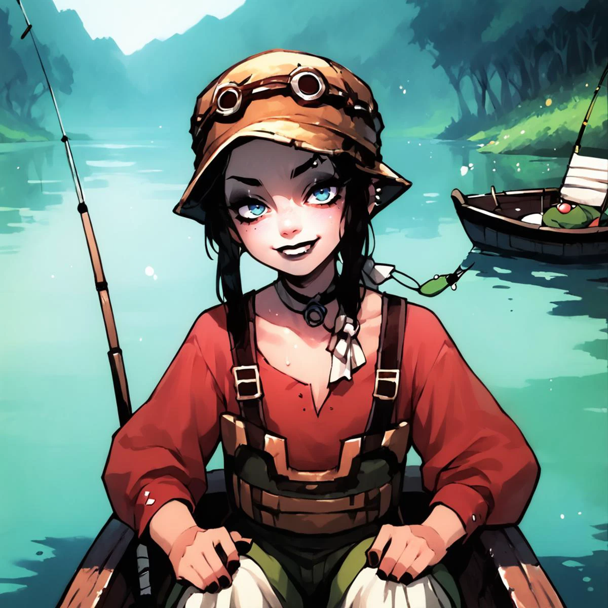 score_9, score_8_up, score_7_up, score_6_up, score_5_up, source anime, fantasy, <lora:tp_hena_tphna_ponyxl_v1:1> , (tphna), 1girl, solo, freckles, cute, full body, from side, smile, red shirt, trembling, realistic background, outdoors, fishing shack, pond, chairs, storefront, fishing hole, hat, summer, heat, canoe, <lora:g4n1m3XLP:1> , g4n1m3, goth,