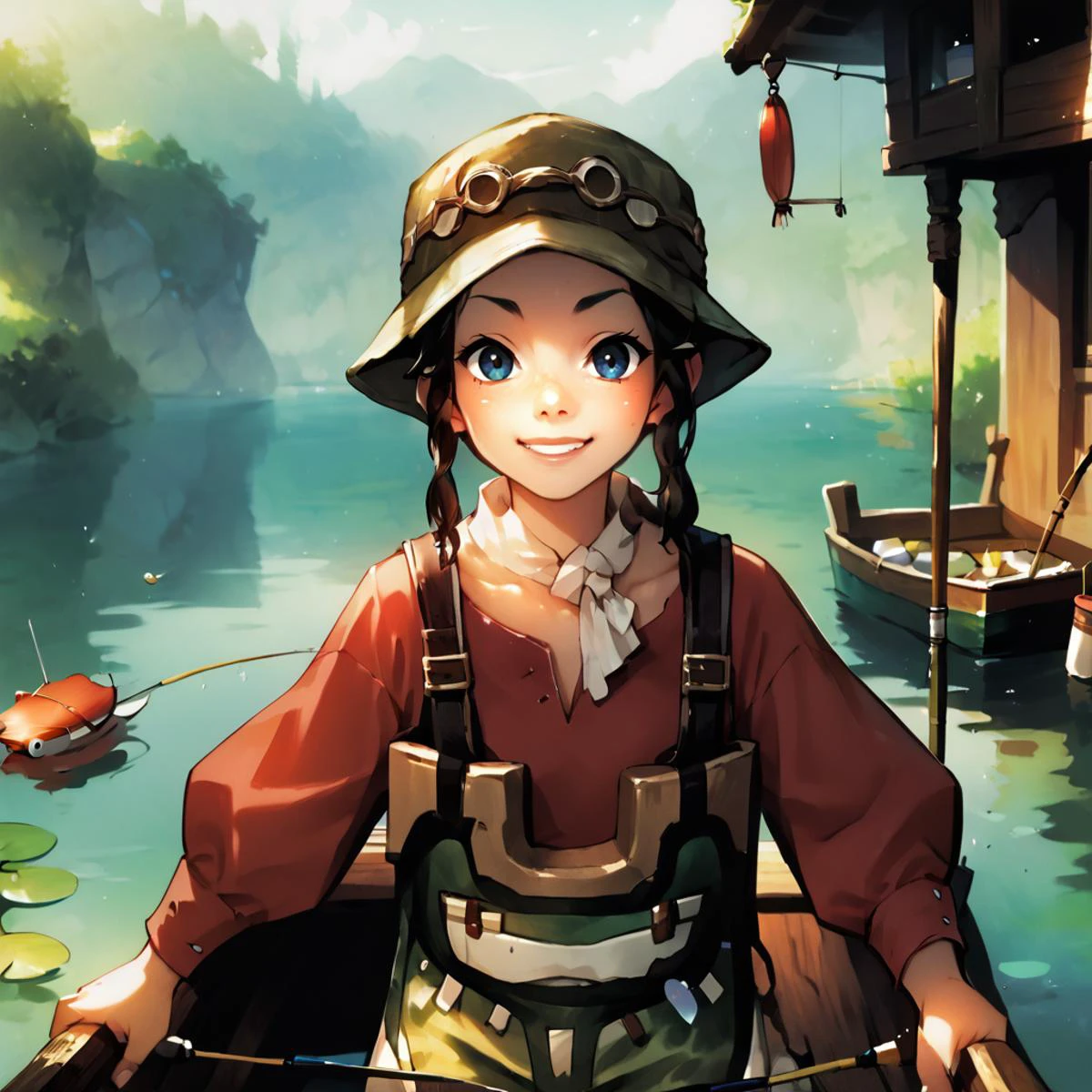score_9, score_8_up, score_7_up, score_6_up, score_5_up, source anime, fantasy, sex, 1girl, looking at viewer, cowboy shot, cute, from side, smile, red shirt, trembling, realistic background, outdoors, fishing shack, pond, chairs, fishing rods, storefront, shop, counter, fishing hole, hat, <lora:Anime Summer Days 2 Style SDXL_LoRA_Pony Diffusion V6 XL:0.8> <lora:tp_hena_tphna_ponyxl_v1:1> , (tphna:1.2), 1girl, solo, freckles,