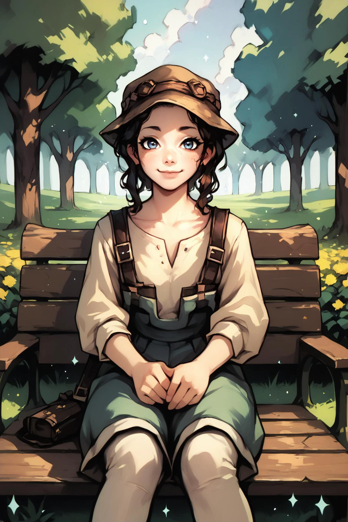 score_9, score_8_up, score_7_up, score_6_up, score_5_up, source anime, BREAK, looking at viewer, realistic background, blush, sitting, park bench, outdoors, grass, flowers, trees, smile, closed mouth, <lora:tp_hena_tphna_ponyxl_v1:0.8> , tphna, 1girl, solo, freckles, <lora:OldAnimeStyle_PonyXL:0.5> , <lora:NoctAbstractConcept:1> , abstract, abstract background, particles,