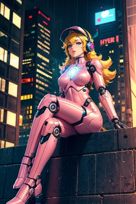 (3D CG), semi-realistic, Highres, Detailed, Extremely Detailed, Aesthetics art,
solo, (princess peach), android cyber girl, (sitting on the roof of skyscraper, crossed legs),
(perfect slim body), (pink bodysuit:1.3), (cyber bodysuit, arc reactor), neon,
(mechanical joints, mechanical legs:1.2),
(long hair:1.1), blonde hair,
(blue eyes), parted lips, (visor cap, headphones:1.1), 
outdoors, cyberpunk cityscape background, reflections, rainy weather, (night time),
(unreal engine), ray tracing, dynamic light,
hyper detailed, high quality,