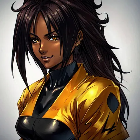 <lora:android21-nvwls-v1:1> Android 21, 1Girl, Solo, Detailed Eyes, (((Dark Skin))), ((((Black Hair)))), orange Eyes, corneo_yoruichi, High Heel Shoes, upper body, medium breasts, standing, city street, looking at viewer, detailed hands, innocent smile, ((masterpiece)), ((Extremely Detailed)), ((Best Quality)), ((Masterpiece)), ((Realistic)), <lora:nomura_tetsuya_offset:1> nomura tetsuya